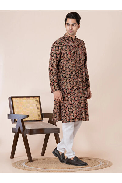 Devoiler Mens Red All-Over Printed Cotton Kurta Set