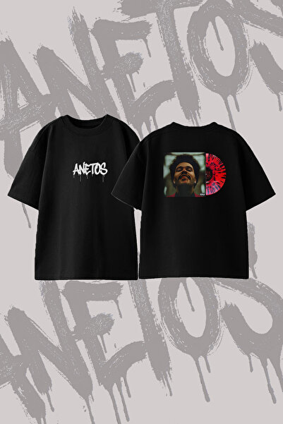 Anetos تي شيرت The Weeknd_17 مصنوع من القطن الأسود المطبوع من الخلف بمقاس كبير