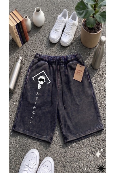 Toum Anime Design Grunge Oversize Washed Vintage Bermuda Shorts