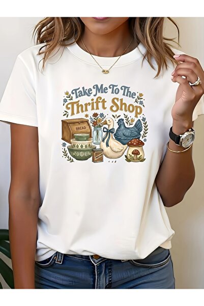 En22 تي شيرت نسائي مطبوع بنمط ريترو عتيق من Take Me to The Thrift Shop، أبيض ...