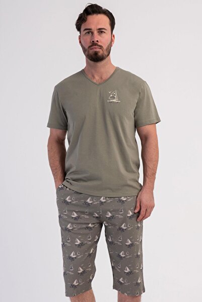 VİENETTA Erkek Büyük Beden V Yaka Kısa Kollu Kapri Haki Pijama Takımı C3T7N0106