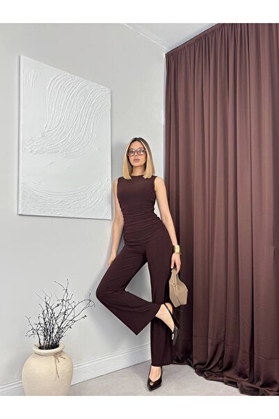 Misscix Kadın Sıfır Yaka Vücudu Saran Geniş Paça Drapeli Tulum