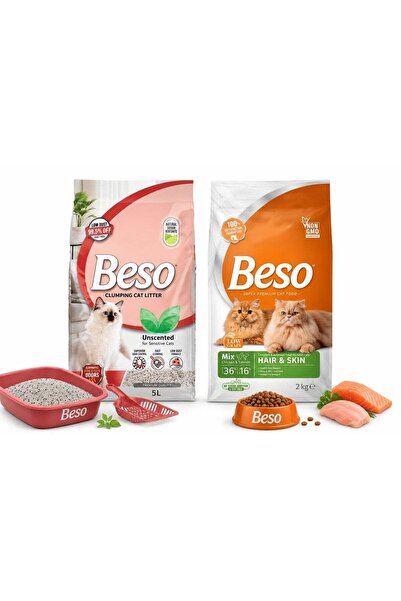 Beso Hair & Skin Adult Cat Food Chicken & Salmon 2kg + Unscented Clumping Cat...