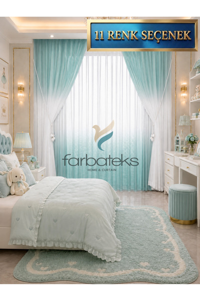 farbateks Mint Üst Renk Geçişli Genç Odası Çocuk Odası Tül Fon Takım Tül Perde