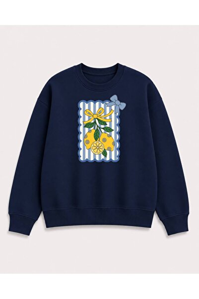 Birdirbir Kız Çocuk Mavi Kurdele Limon Baskılı Bisiklet Yaka Sweatshirt