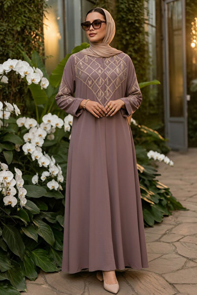 Neva Style V Embroidery Detailed Belted Dusty Rose Hijab Ferace 29146Gk