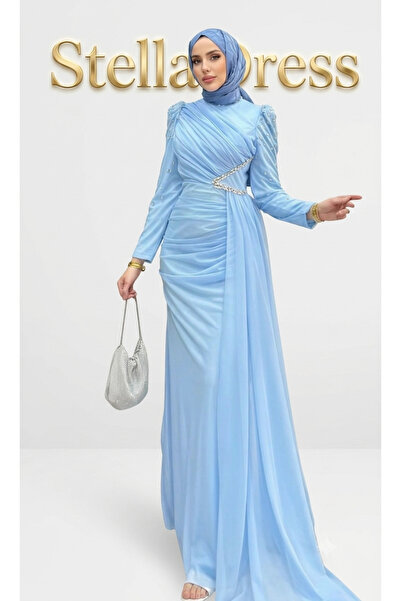 StellaDress Taşlı Tesettür Abiye Bebe Mavisi