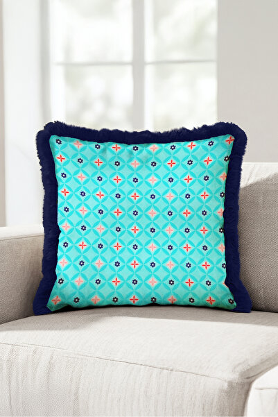 Evimde Bambaşka Retro Geometric Turquoise Coral Fringed Pillowcase - Mosaic E...