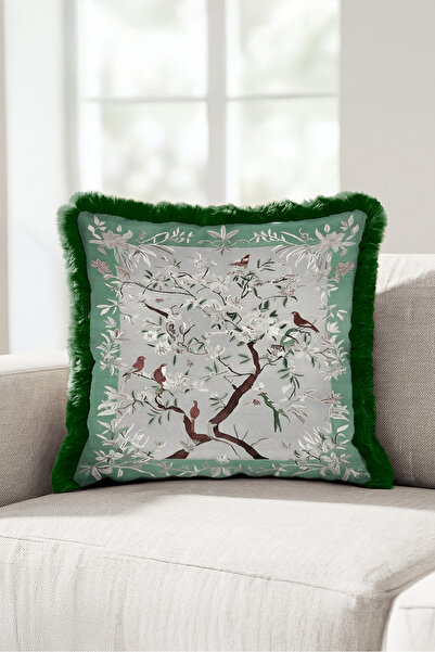 Evimde Bambaşka Fringed Pillowcase with Birds and Flowers Spring Motif - Eleg...