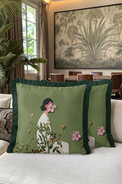 Evimde Bambaşka Botanical Woman Figure Floral Fringe Pillowcase-Artistic Flor...