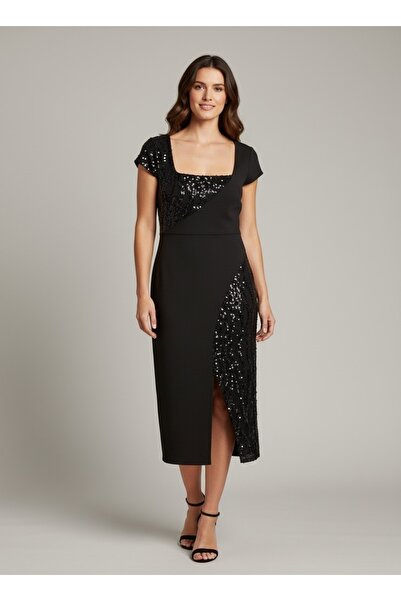 Dirim Square Neckline Sequin Detailed and Slit Stylish Dress