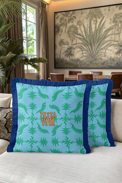Evimde Bambaşka Festa Viva Tropical Palm Fringed Pillowcase - Turquoise Green...