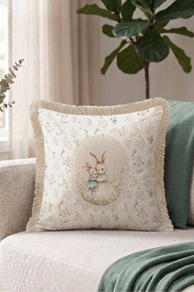 Evimde Bambaşka Cute Rabbit Floral Fringed Pillowcase - Fairytale Powder Crea...