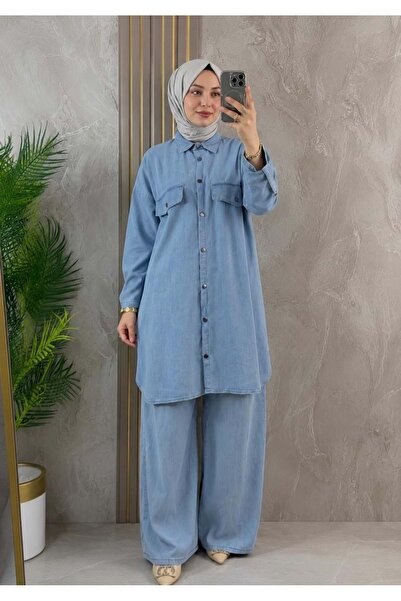EFRAZE 26Y352 TAKIM TUNİK PANTOLON KOT TENCEL CEP GÖRÜNÜMLÜ AÇIK MAVİ