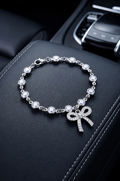 TREND COLLECTİON Women's Silver Stone Bow Charm Elegant Bracelet