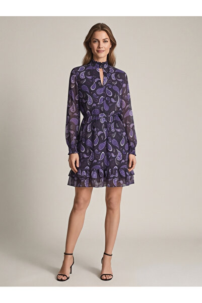 gökçesu Women's Shawl Patterned Chiffon Dress - High Neckline Lined Mini Dress