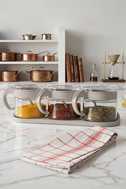 NESS HOME 3'lü Standlı Kaşıklı Cam Baharatlık Seti 300 ml