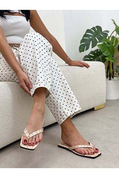 ERVANIN BUTİĞİ Beige Crocodile Pattern (Laddies) Women's Flip-Flops