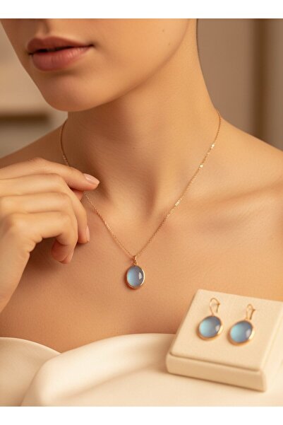 SR Jewelry Box Mavi Doğal Taş Görünümlü Kolye ve Küpe Seti – Gold Çerçeveli Z...