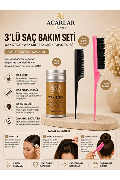 Acarlar Ticaret Stick Wax Topuz Fırçası Krepe Tarağı 3Lü Profesyonel Set