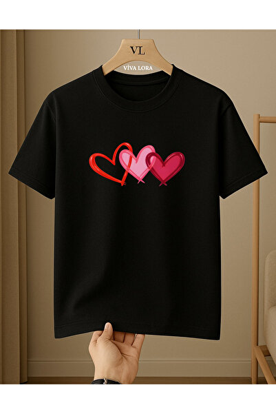 VİVA LORA Three Hearts Printed 100% Cotton Crewneck Regular Women's T-Shirt