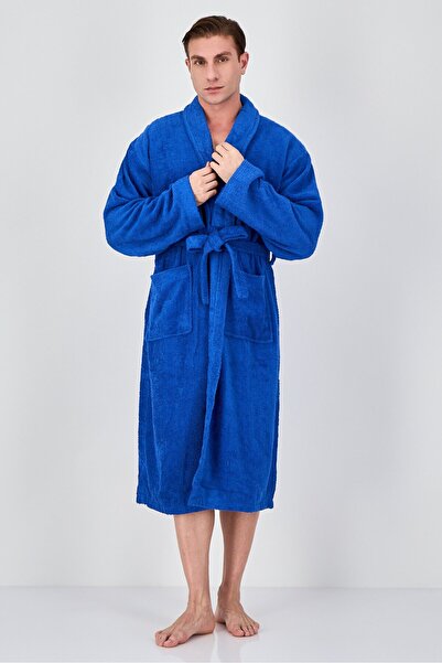 COTTON HOME Men Textured Bath Robe, Blue
