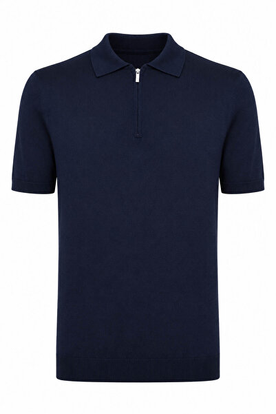 trender Plain Half Zipper Navy Blue Men's Polo Collar T-Shirt 16357-15965