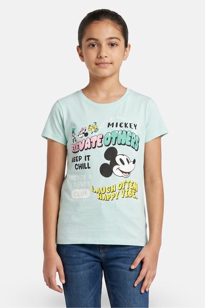 Disney Kids Girl Crew Neck Short Sleeve Mickey And Friends Print T-Shirt, Mint