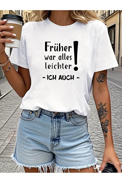 NOURAM تي شيرت نسائي مطبوع عليه "Früher War Alles Leichter!" تي شيرت أبيض بأك...