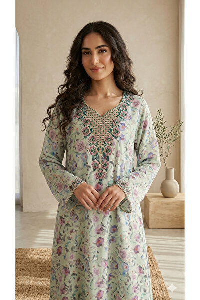 Maison Emarat All Over Floral Printed Jalabiya with intricate embroidery