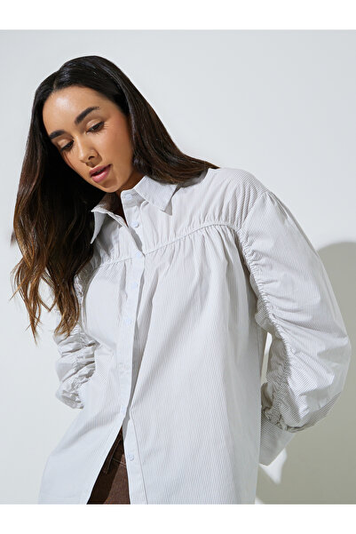 Styli White Striped Gathered Oversized Shirt