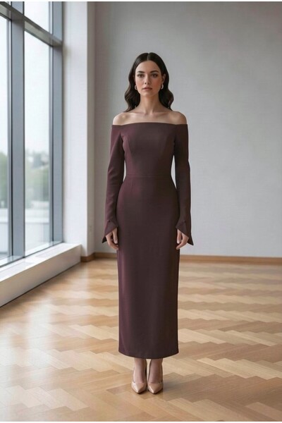 ENDAMIM Women's Boat Neck Long Sleeve Slit Pencil Wedding Dress Lined Crepe F...