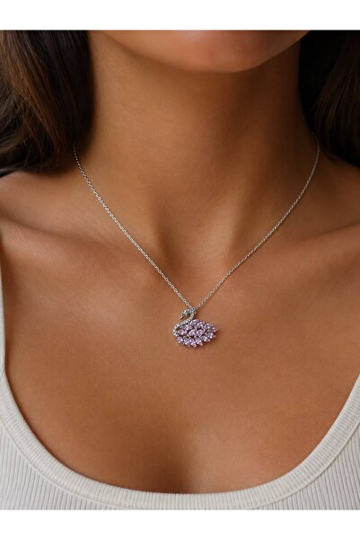 ZAHAP GOLD 925 ayar gümüş pembe zirkon taşlı kuğu tasarımlı kolye