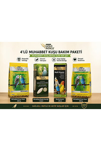 Gold Wings 4’lü Muhabbet Kuşu Bakım Paketi – 2 Adet 400 gr Yem + Mürekkep Bal...