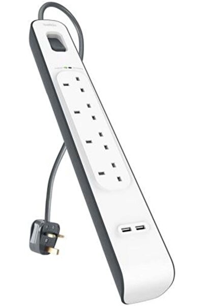 Belkin Power Strip, 2 Meters Long, with 2 Usb-A Ports and 4 Power Outlets