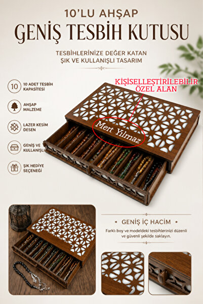 kutuTR Bölmeli Ahşap Geniş Tesbih Kutusu Kişiye Özel İsim Yazılı Çekmeceli Te...