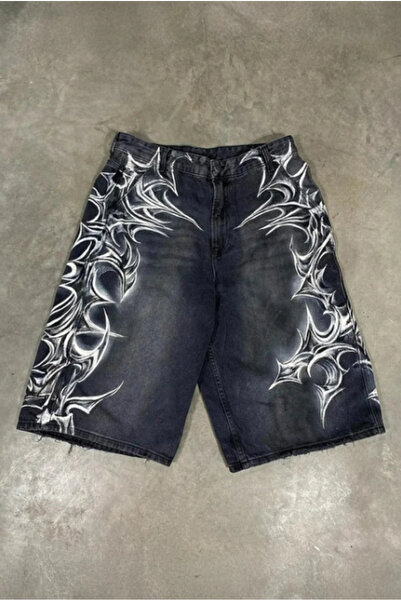 BALİNA Siyah Yıkamalı Tribal Grafiti Gotik Y2K Unisex Şortolon