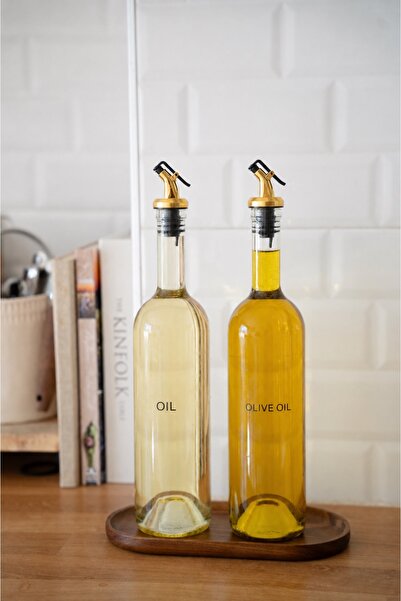 Dekorzdükkan Akasya Stand Set of 2 Glass Gold Headed Oil Bottles + 8 Labels