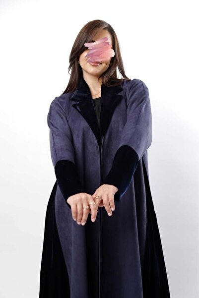 Anaqa Abaya Navy Blue Suede Abaya with Navy Velvet Accents
