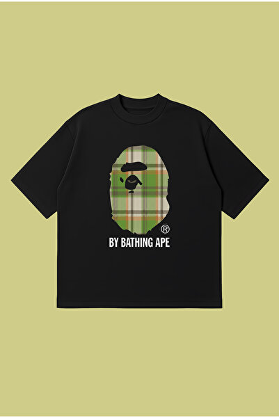 PURE POWER Πράσινο καρό μπλουζάκι Bape με στάμπα, Oversize Boxy Cut, Unisex, ...