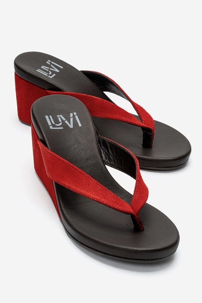 LuviShoes Pryon Red Suede Genuine Leather Women's Flip-Flop Slippers with Wed...