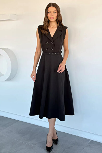 Aryena Black Women's Double-Breasted Collar Four-Button Dress