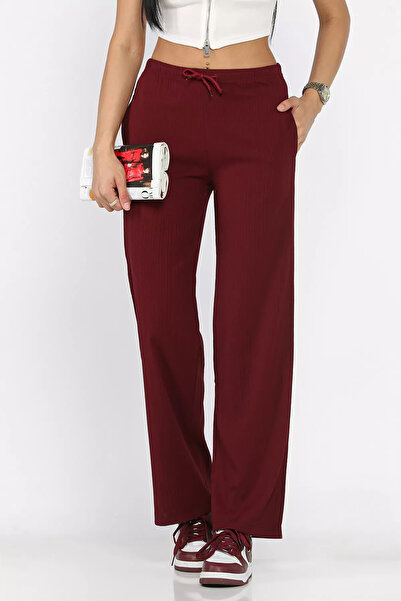 Aryena Burgundy Women's Self-Patterned Elastic Waist Palazzo Trousers