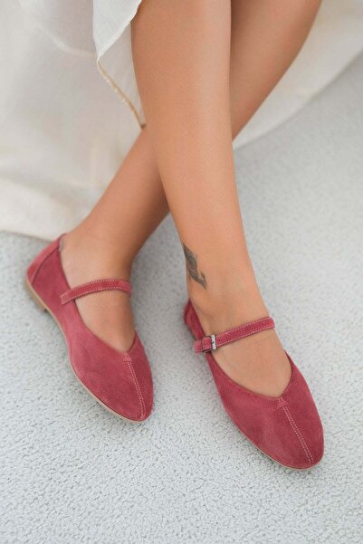 Parponi Will Belted Round Toe Genuine Suede Leather Ballerinas Dusty Rose