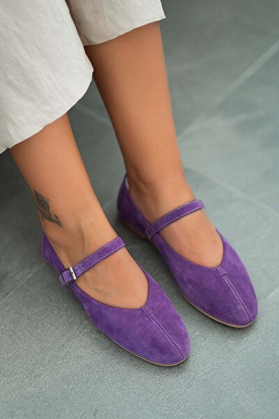 Parponi Will Belted Round Toe Genuine Suede Leather Ballerinas Purple