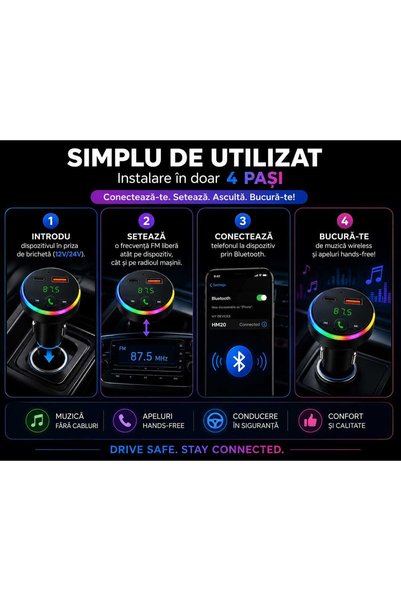 ANY SHOP MARKET Modulator FM Auto Bluetooth HM20, Car MP3 Player Wireless, Hands-Free, Încărcare Rapidă USB + USB-C, Transmițător FM, Redare Muzică de pe Telefon și Stick USB, LED RGB, 12V/24V, Negru