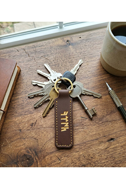 aysefe Genuine Leather Gold Gilded Göktürkçe Turkish Printed Keychain with St...