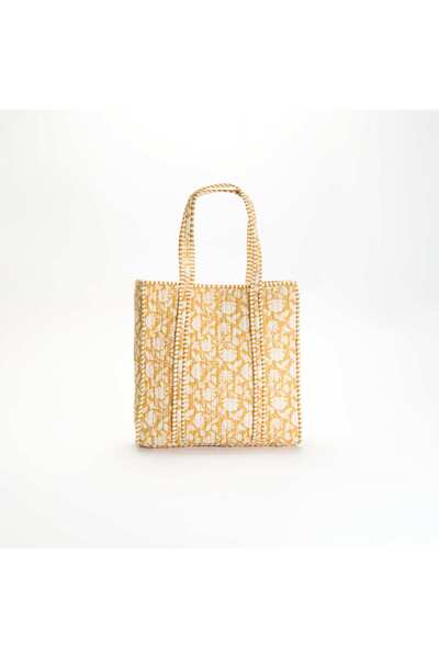 KIABI Quilted Shopper Bag with Indian-Inspired Print YELLOW