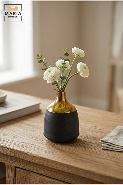 MARIA HOMES Modern Decorative Flower Vase with Gold-Tone Neck, Textured Round...