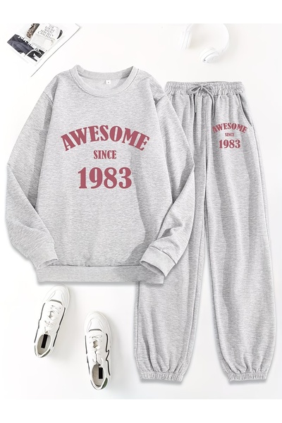 macklin Unisex Men Women Awesome 1983 Printed 3 Thread Crew Neck Sweatpants Set